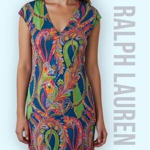 Ralph Lauren Black Label Size 2 Multicolor Paisley 100% Silk Jersey Sheath Dress